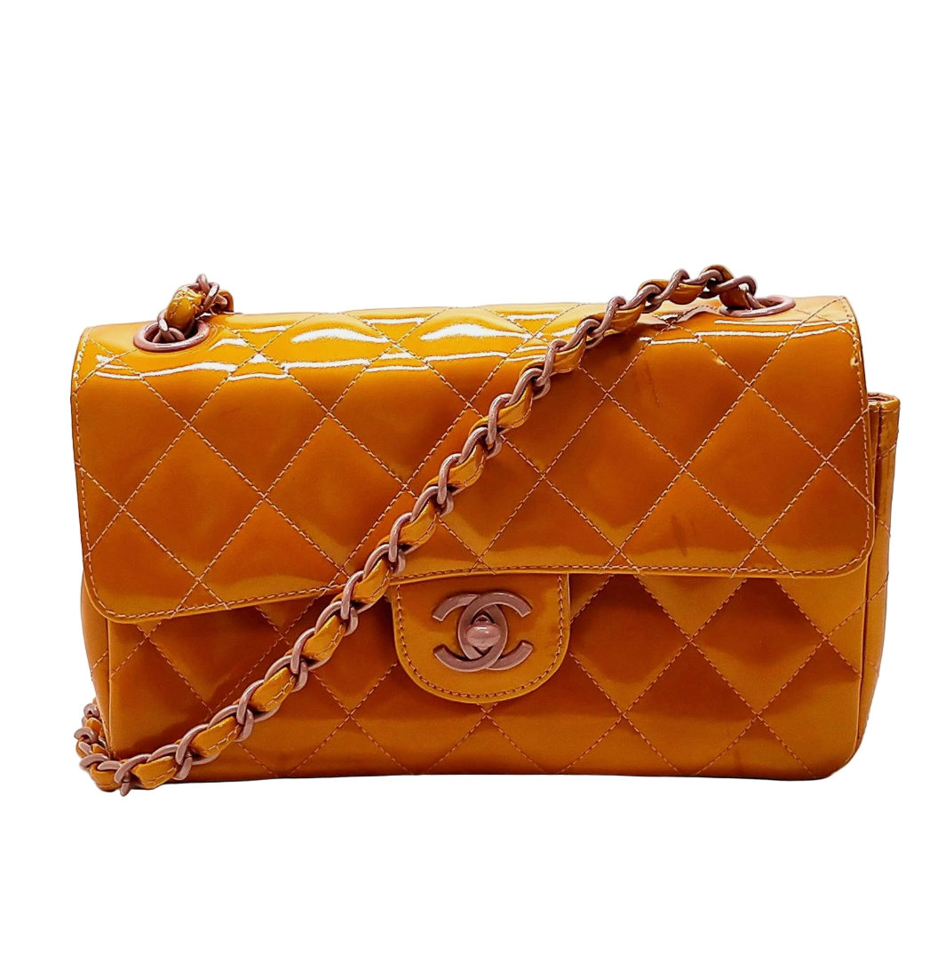 Chanel Patent Calfskin Quilted Mini Rectangular Flap Bag Orange & Pink *Vintage*