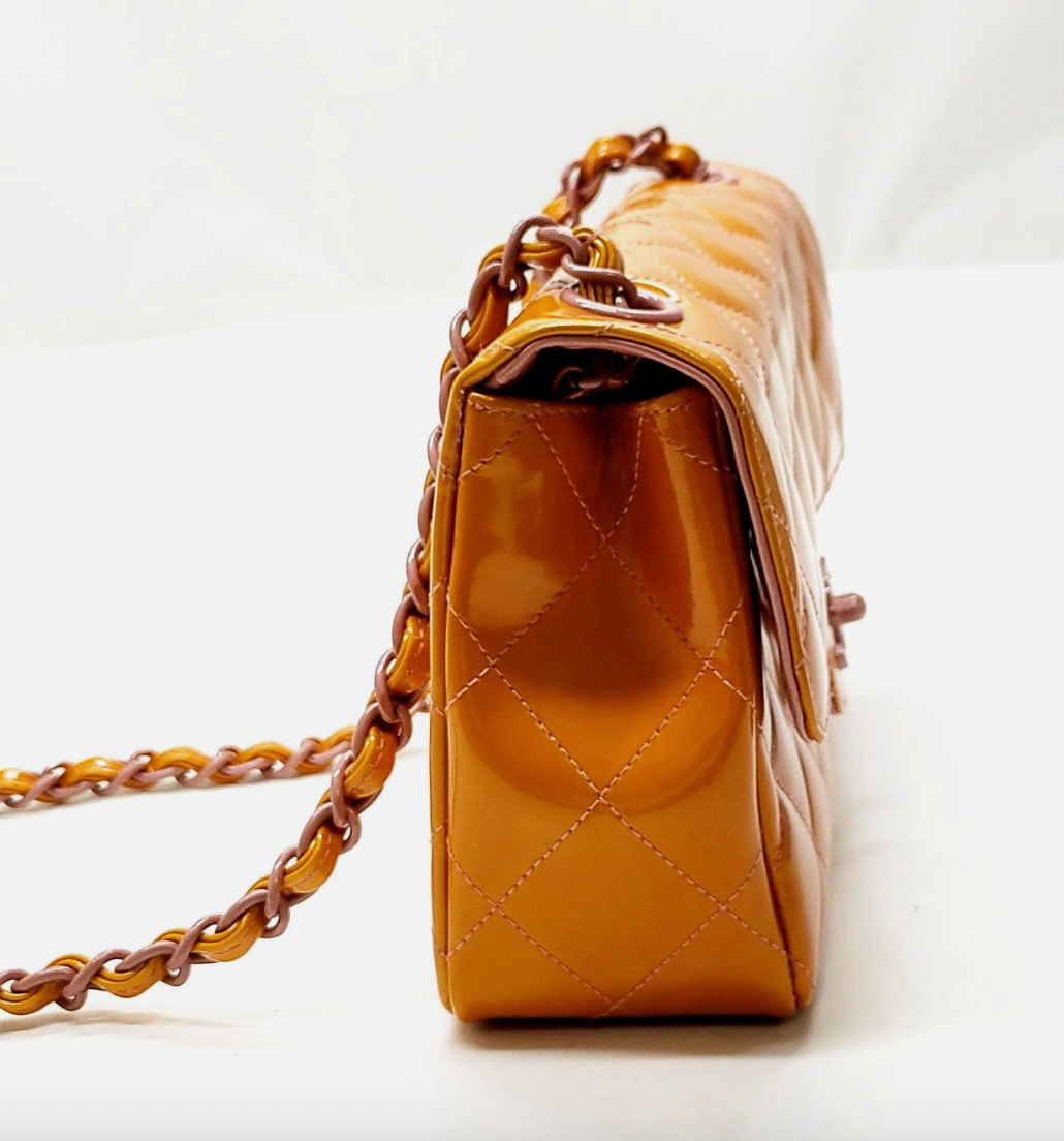 Chanel Patent Calfskin Quilted Mini Rectangular Flap Bag Orange & Pink *Vintage*