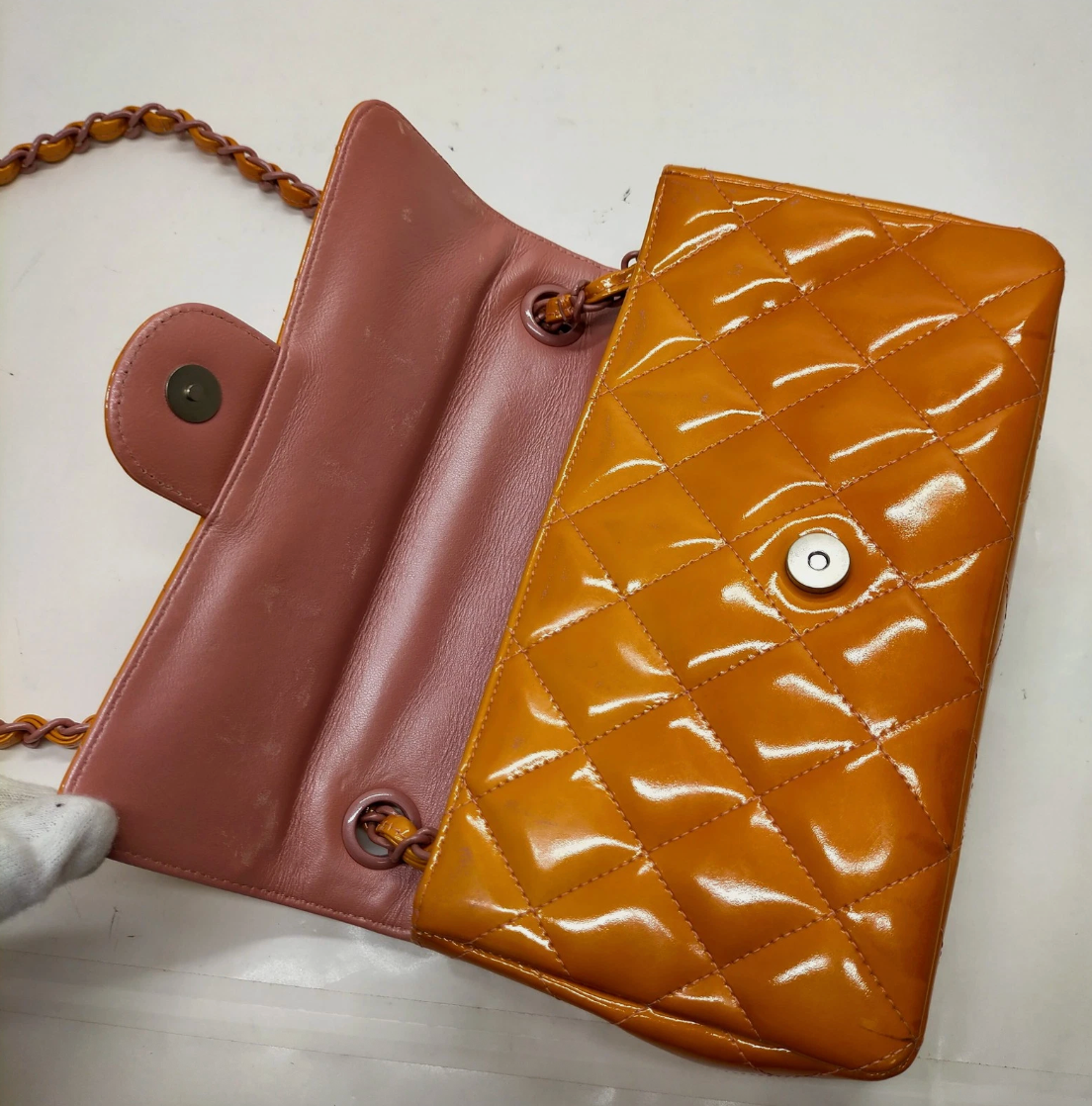 Chanel Patent Calfskin Quilted Mini Rectangular Flap Bag Orange & Pink *Vintage*