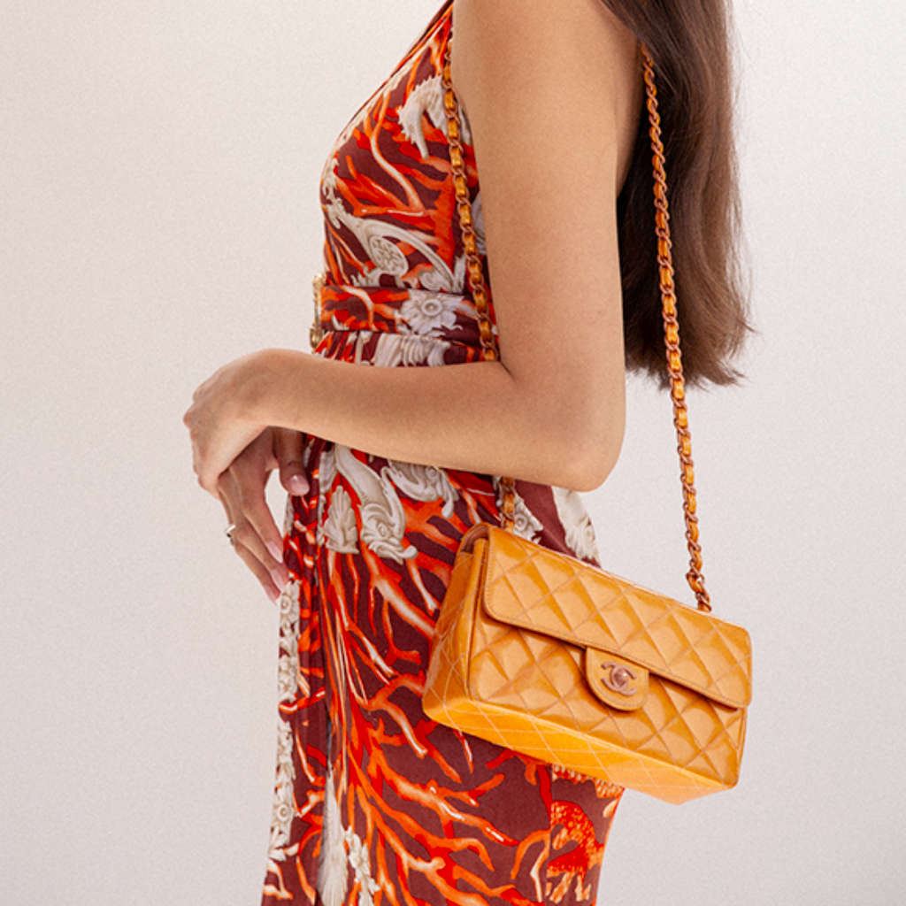 Chanel Patent Calfskin Quilted Mini Rectangular Flap Bag Orange & Pink *Vintage*