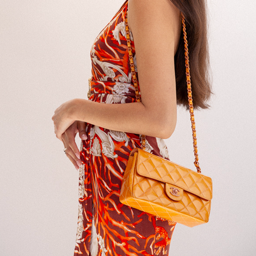 Chanel Patent Calfskin Quilted Mini Rectangular Flap Bag Orange & Pink *Vintage*